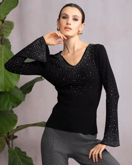 ALISON SHERI POLY/ACRYLIC/NYLON SWEATER W/ RHINESTONES - BLACK