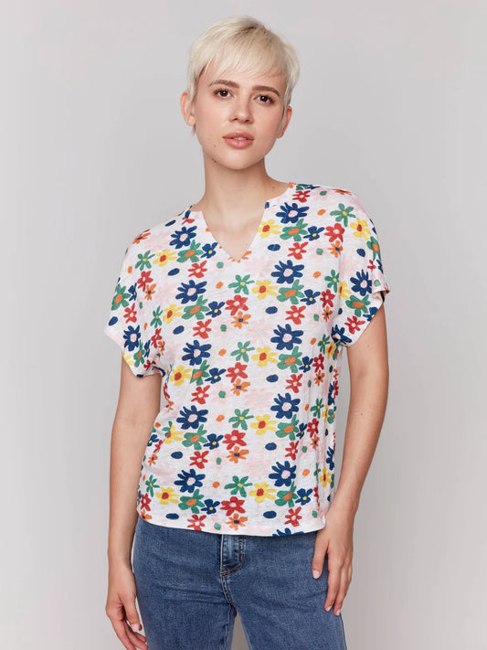 CHARLIE B PRINTED SHORT-SLEEVE DOLMAN TOP - MULTI