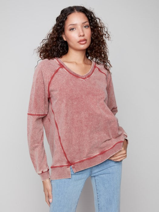 CHARLIE B COLD DYE FRENCH TERRY TOP - WINE