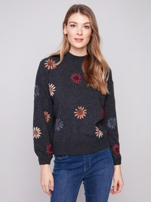 CHARLIE B MOCK-NECK SWEATER - CHARCOAL MULTI