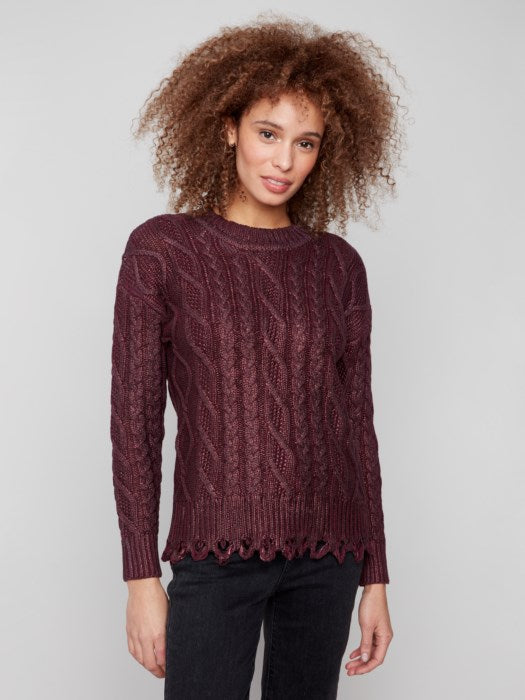 CHARLIE B METALLIC CABLE KNIT SWEATER - WINE