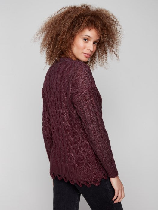 CHARLIE B METALLIC CABLE KNIT SWEATER - WINE
