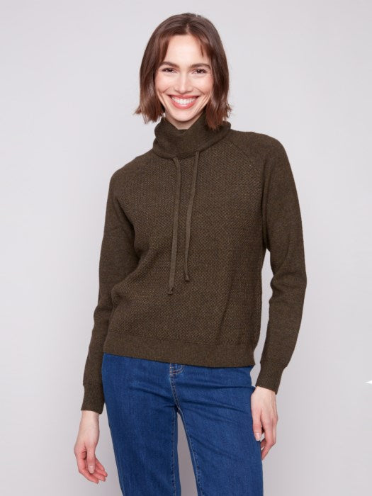 CHARLIE B TEXTURED RAGLAN COWL-NECK SWEATER - OLIVE