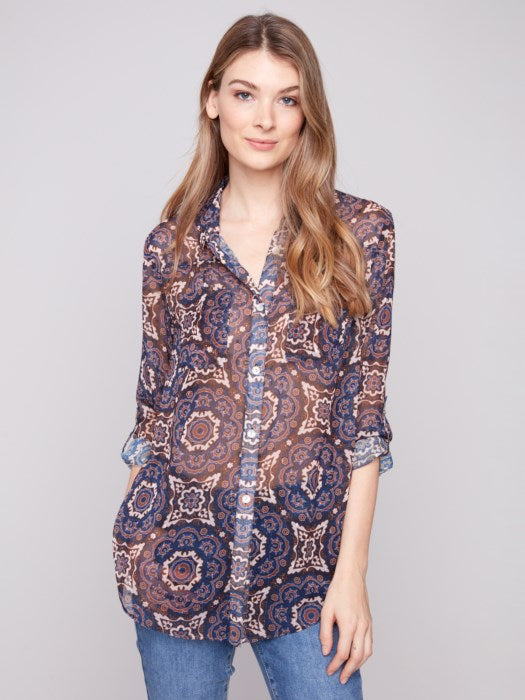 CHARLIE B PRINTED BLOUSE W/ TIE FRONT OPTION - MULTI