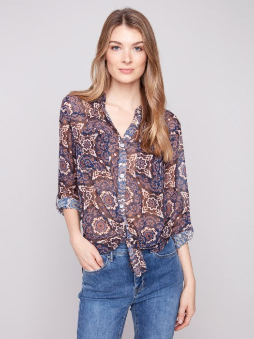 CHARLIE B PRINTED BLOUSE W/ TIE FRONT OPTION - MULTI