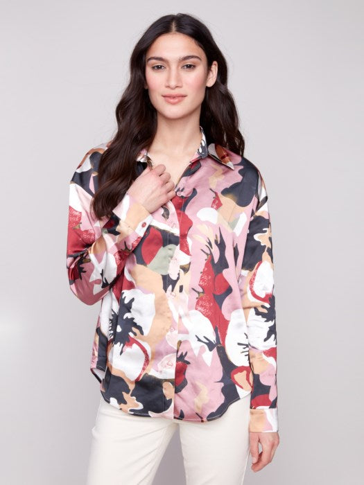 CHARLIE B PRINTED SATIN BUTTON-DOWN TOP - MULTI