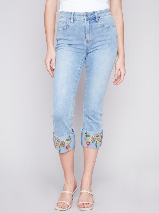 CHARLIE B EMBROIDERED CUFF ANKLE JEAN - C5473431A140