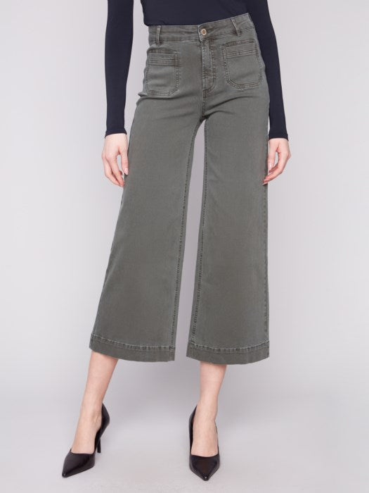 CHARLIE B CROPPED PATCH POCKET FLARE PANTS - OLIVE GREEN