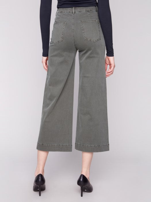 CHARLIE B CROPPED PATCH POCKET FLARE PANTS - OLIVE GREEN