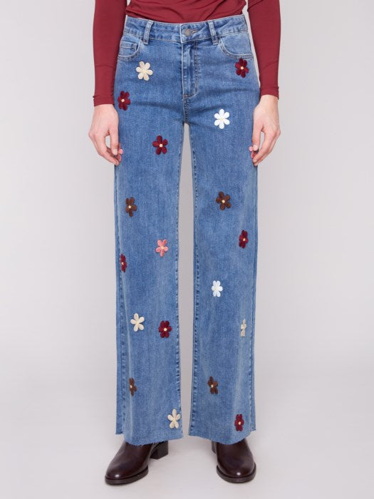 CHARLIE B WIDE-LEG DENIM W/ FLOWERS