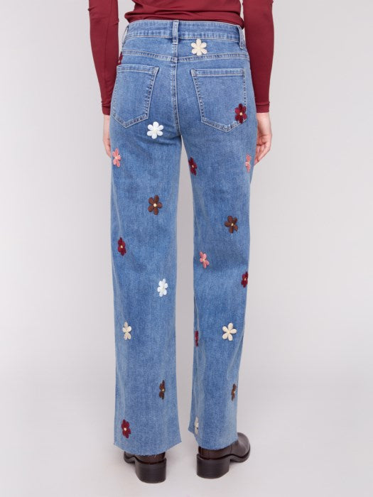 CHARLIE B WIDE-LEG DENIM W/ FLOWERS