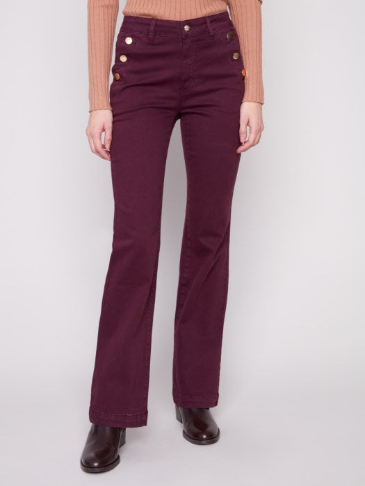 CHARLIE B FLARE LEG TWILL PANTS - BERRY