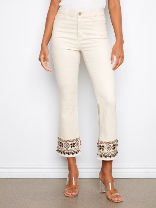 SALE - CHARLIE B CROPPED PANT W/ EMBROIDERED HEM - NATURAL