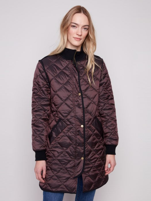 CHARLIE B LONG QUILTED PUFFER JACKET - MOCHA
