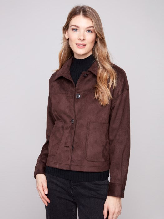 CHARLIE B SHORT FAUX SUEDE JACKET - CAFE BROWN