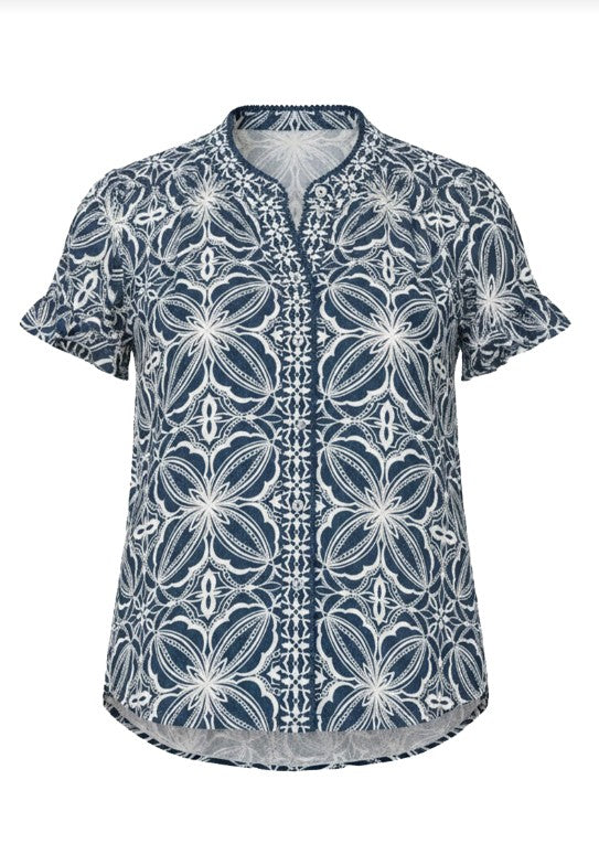 LIVERPOOL FLUTTER SLEEVE MIX PRINT BUTTON FRONT WOVEN TOP
