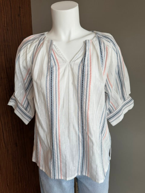 TRU LUXE STRIPED SPLIT NECK TOP - WHITE MULTI