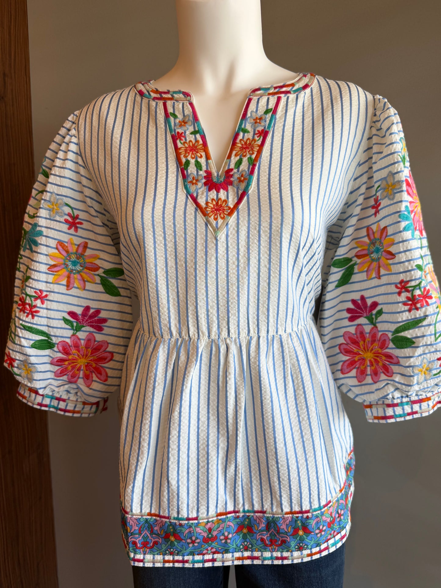 SALE JOHN MARK STRIPED FLORAL EMBROIDERY TOP - WHITE MULTI