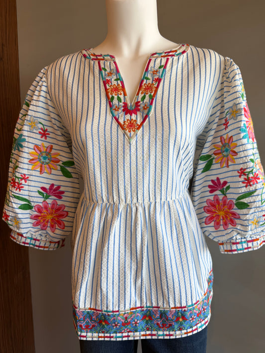 JOHN MARK STRIPED FLORAL EMBROIDERY TOP - WHITE MULTI