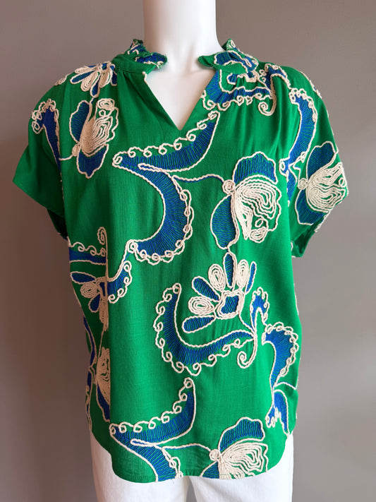 TRU LUXE CORDED EMBROIDERED POPOVER - GREEN MULTI