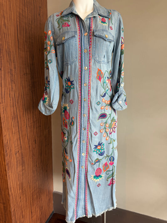 JOHN MARK DENIM DRESS WITH COLORFUL EMBROIDERY