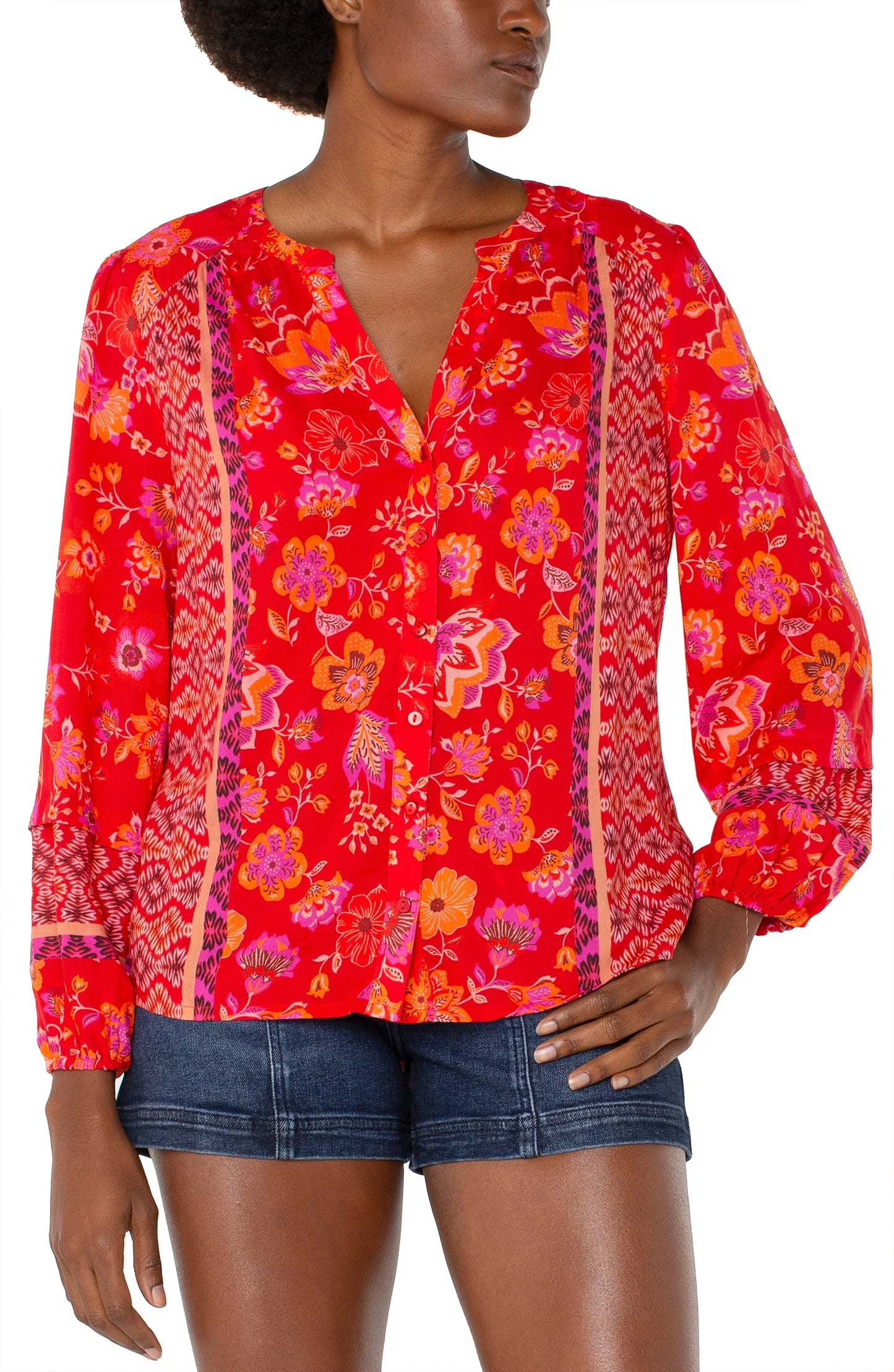 LIVERPOOL BUTTON-FRONT WOVEN BLOUSE - RED MULTI