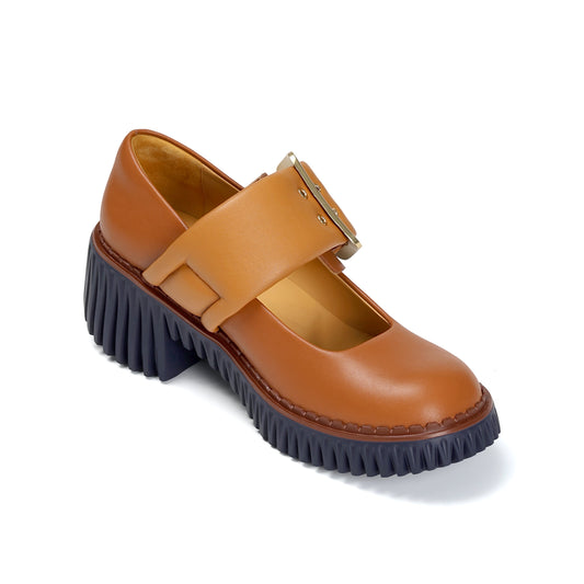 Brown platform shoe with a strap on a white background