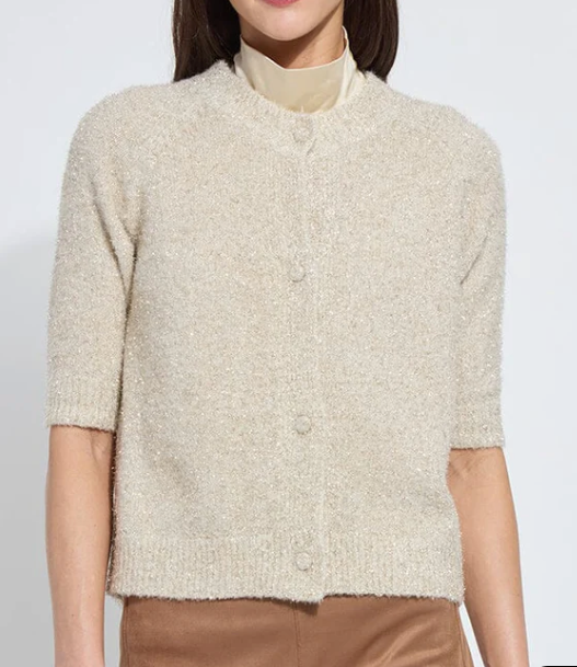 LYSSE KENNEDY S/S CARDIGAN - CREAM WITH GOLD THREADS