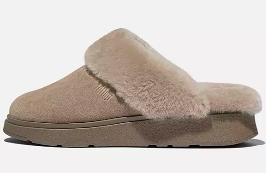 FITFLOP GEN-FF SHEARLING COLLAR SUEDE SLIPPERS - TAUPE