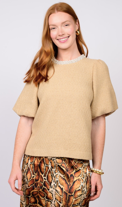 IVY JANE BEADED NECK TOP - CAMEL