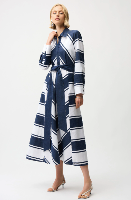 COTTON STRIPE PRINT FIT AND FLARE SHIRT DRESS - NAVY AND WHITE
