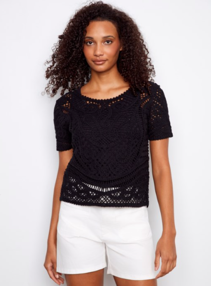 SALE CHARLIE B S/S CROCHET SWEATER - BLACK