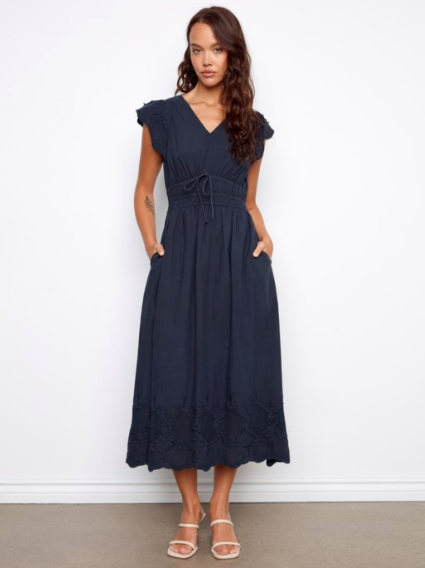 SALE CHARLIE B V-NECK ELASTIC WAIST MIDI DRESS - NAVY