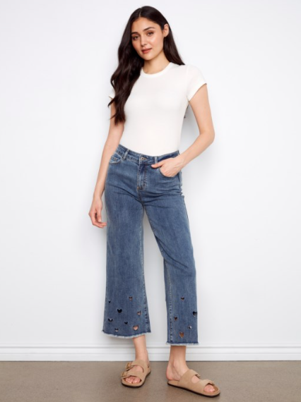 SALE - CHARLIE B WIDE LEG JEAN W/ HEARTS - MEDIUM BLUE