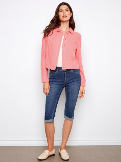 SALE - CHARLIE B LINEN JACKET W/ FRAY - SORBET