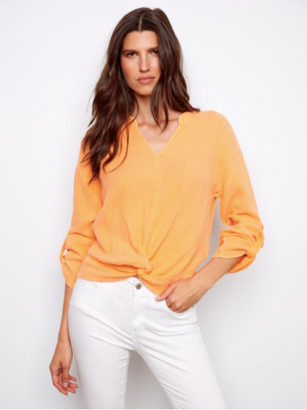 CHARLIE B ROLL UP SLEEVE WITH FRONT KNOT - APRICOT