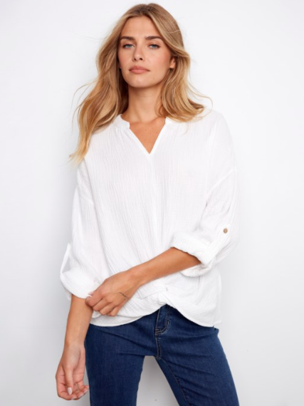 CHARLIE B ROLL UP SLEEVE WITH FRONT KNOT - WHITE