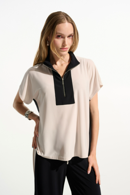 JOSEPH RIBKOFF SILKY KNIT COLOR BLOCK STRAIGHT TOP WITH ZIPPED COLLAR - MOONBEAM
