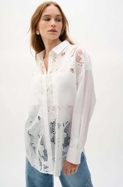 JOSEPH RIBKOFF COTTON LACE BOXY BLOUSE WITH EMBROIDERY - WHITE