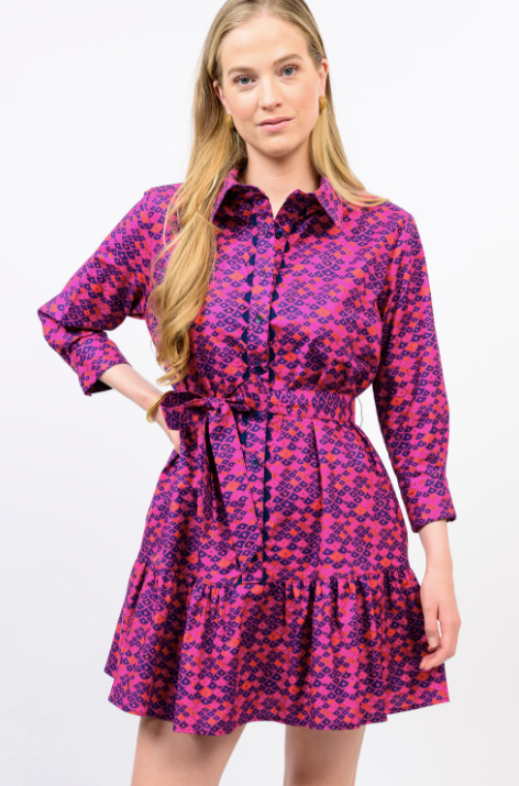UNCLE FRANK BELTED DRESS - PURPLE ORANGE PINK PATTERN