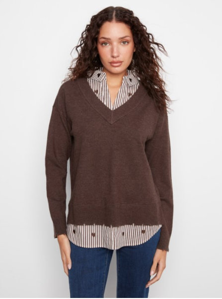 CHARLIE B FOOLER SWEATER WITH EMBROIDERED COLLAR - HEATHER COFFEE