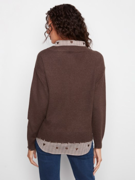 CHARLIE B FOOLER SWEATER WITH EMBROIDERED COLLAR - HEATHER COFFEE