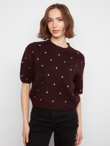 CHARLIE B EMBROIDERED POLKA DOT ELBOW SLEEVE - WINE