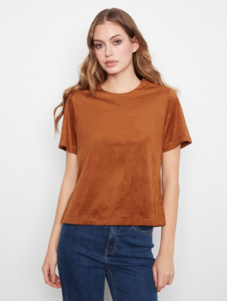 CHARLIE B SHORT SLEEVE FAUX SUEDE TEE - TOFFEE