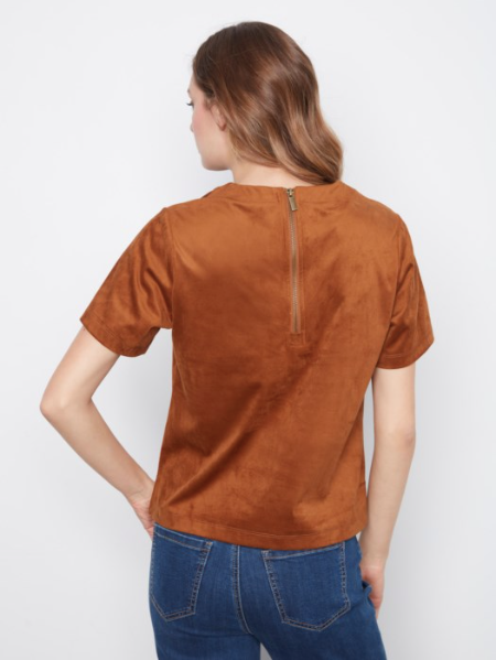 CHARLIE B SHORT SLEEVE FAUX SUEDE TEE - TOFFEE
