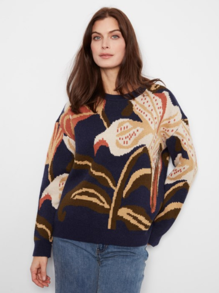 CHARLIE B STATEMENT FLORAL CREW NECK SWEATER - LILI