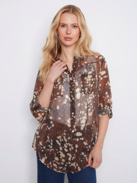 CHARLIE B PRINTED BUTTON UP BLOUSE - SPECKLE