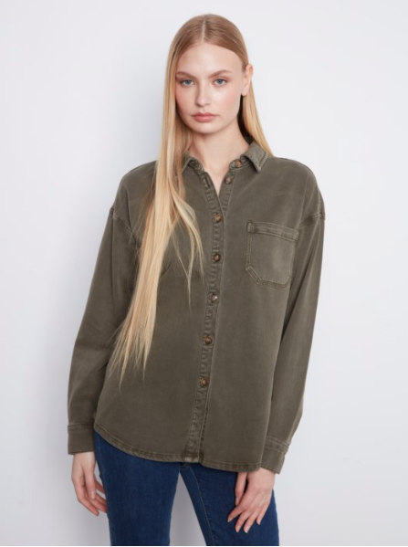CHARLIE B BUTTON FRONT TWILL OVERSHIRT - MOSS