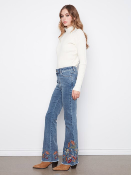 CHARLIE B FLARE LEG JEANS WITH HEM EMBROIDERY - MEDIUM BLUE