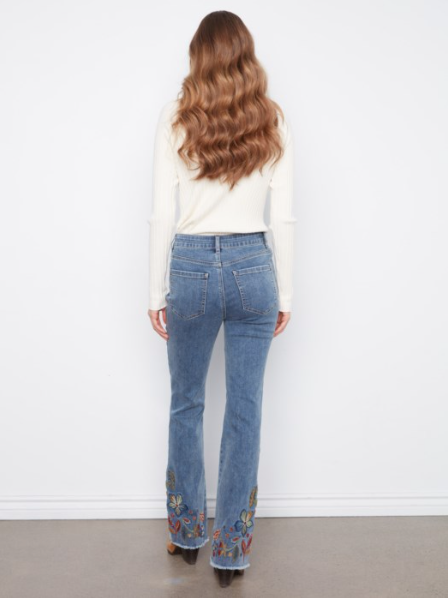 CHARLIE B FLARE LEG JEANS WITH HEM EMBROIDERY - MEDIUM BLUE